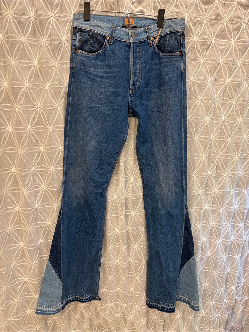 Jean Atelier Classic Blue Flare Jeans with Two-Tone Hem